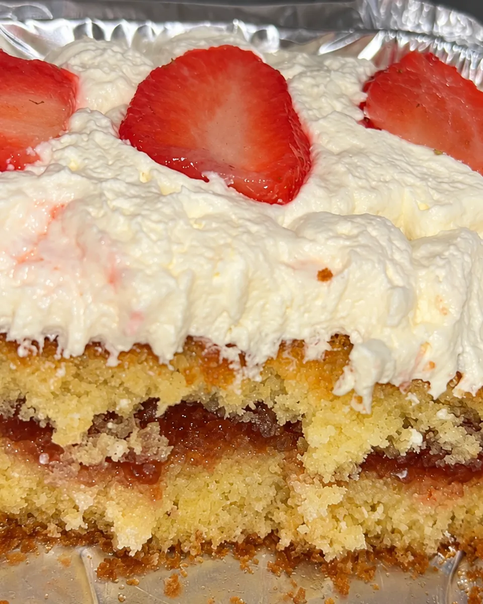 A cut strawberry-topped bake showing layers of golden sponge, jam and cream in a foil tray
