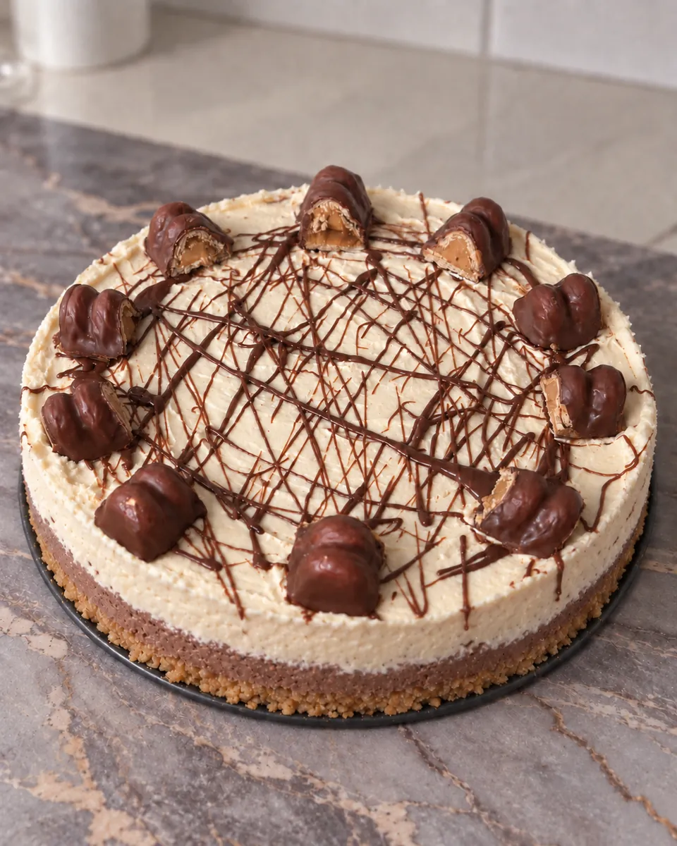 A whole layered chocolate cheesecake with chocolate drizzle and chocolate pieces around the top
